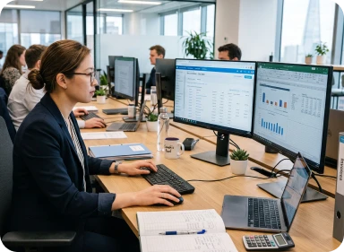 Small business owner reviewing organized financial records