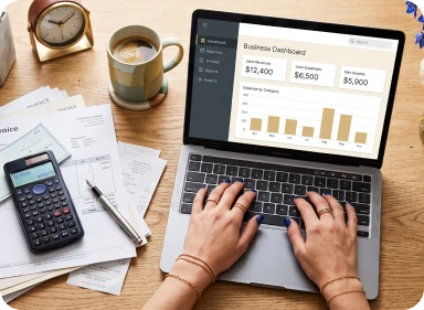 Small business owner reviewing organized financial records