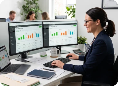 Small business owner reviewing organized financial records