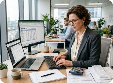 Small business owner reviewing organized financial records