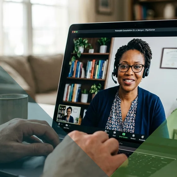 Patient accessing psychiatric care telehealth from home