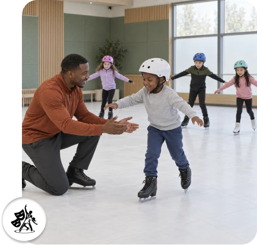 Instructor guiding students through synthetic ice lessons