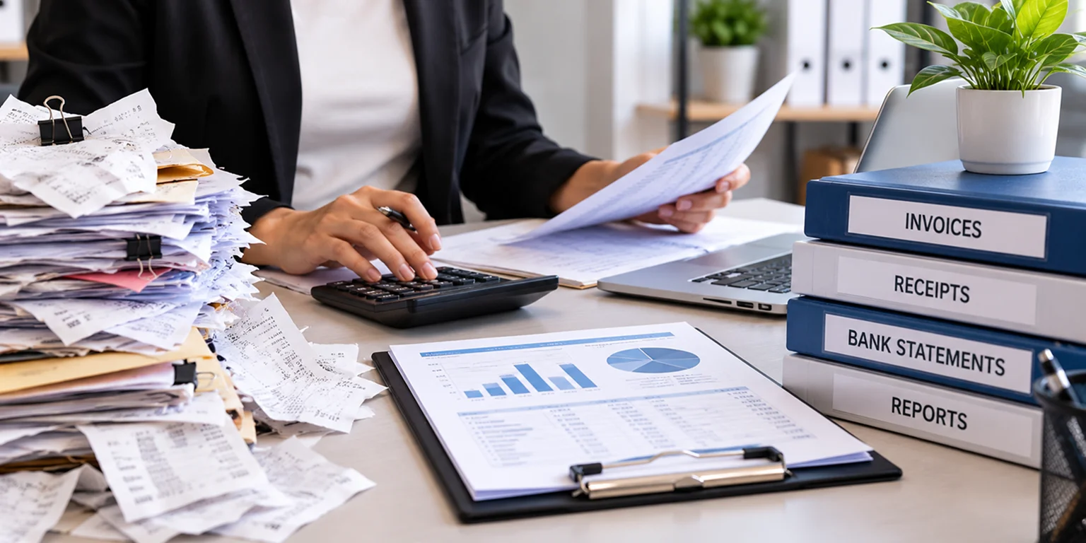 Bookkeeper sorting records during bookkeeping cleanup services