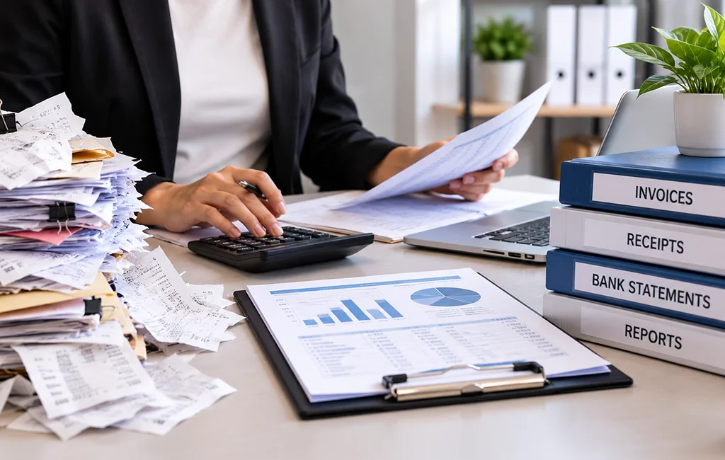 Bookkeeper sorting records during bookkeeping cleanup services